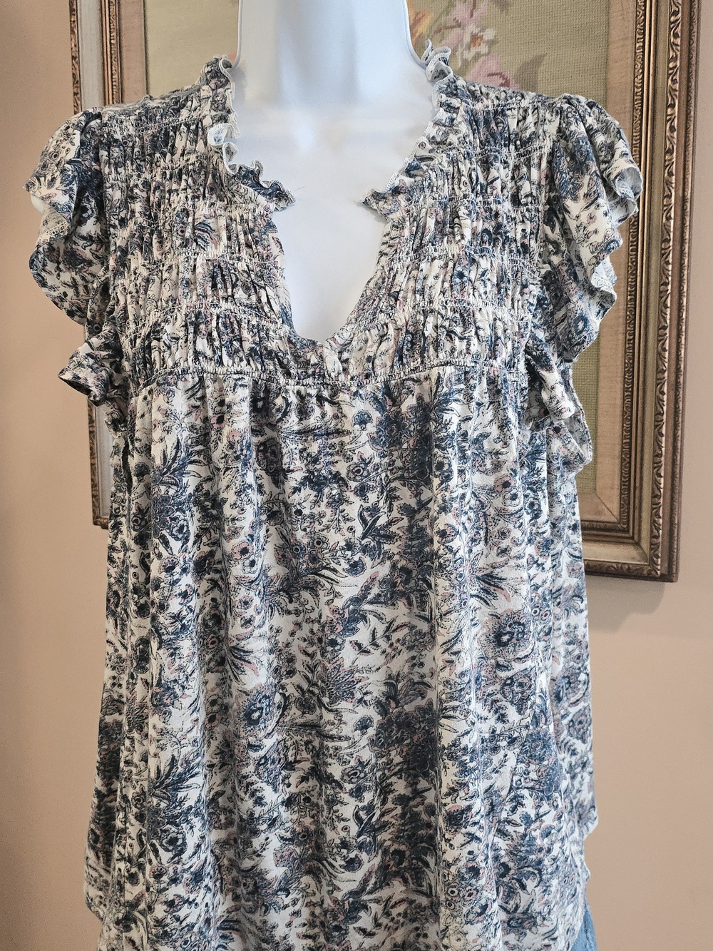 Lucky Brand Blue & Pink Floral Smocked Blouse